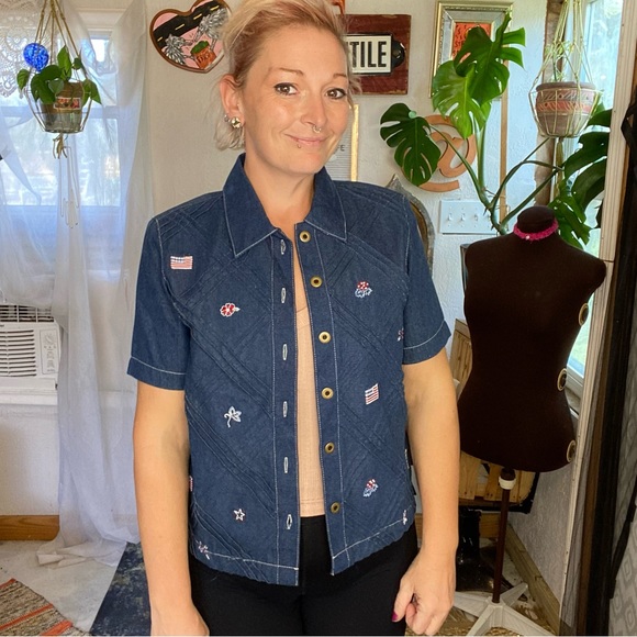 Vintage Koret City Blues Denim USA Button Front Short Sleeve Top Size Small - Picture 3 of 14